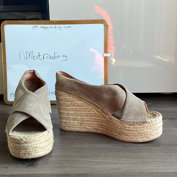 Sigerson Morrison sueded gray leather cork platform wedge slip on peep toe wedge - Picture 7 of 16